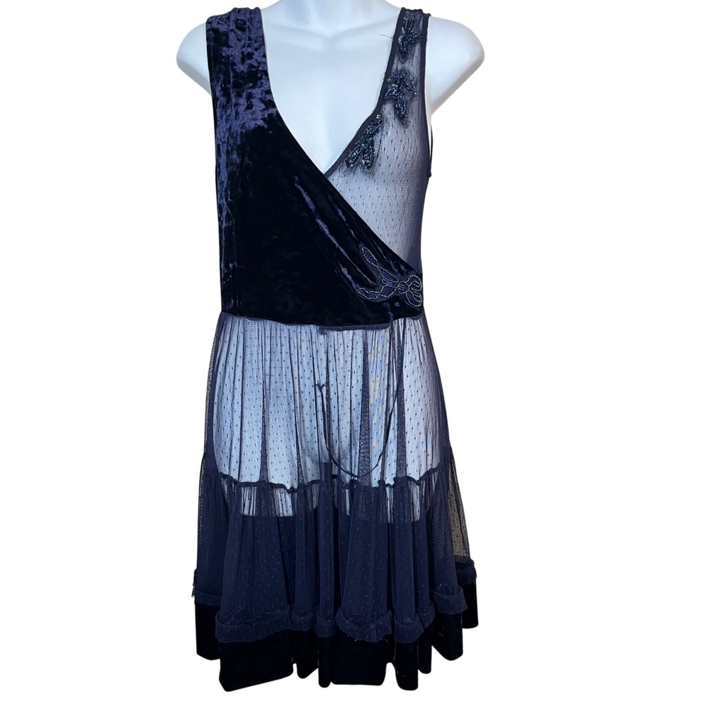 ULTRA RARE Vintage Free People Whimsigoth Velvet Beaded Mini Dress Size Small